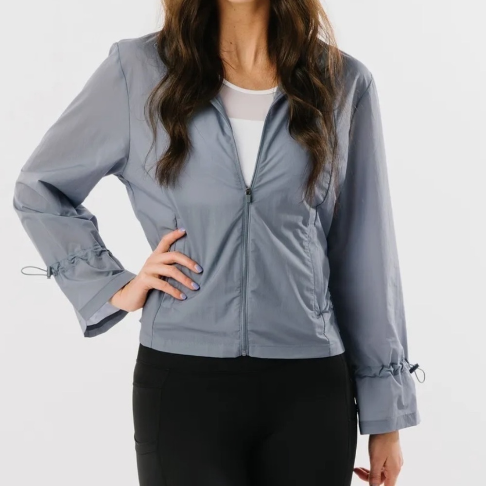 ZYIA Active Gray Drawstring Light Windbreaker Jacket Full Zip Women Size m